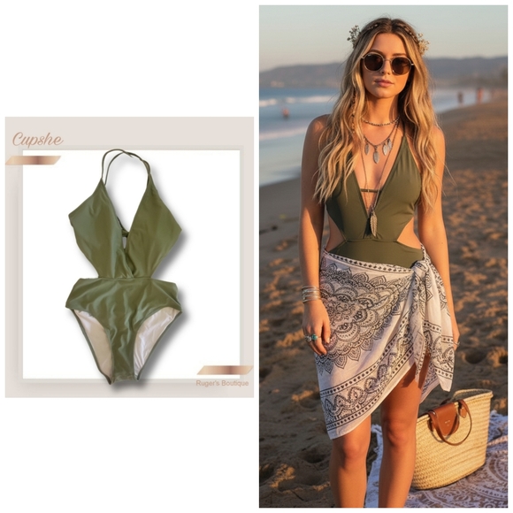 Cupshe Other - 🌿Cupshe Women's Large Olive Green She's The Man Halter One Piece Swimsuit